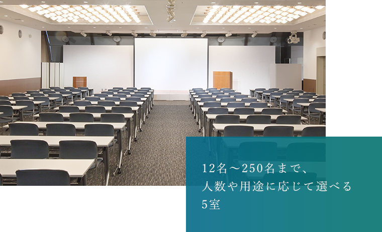 12名～250名まで、人数や用途に応じて選べる5室