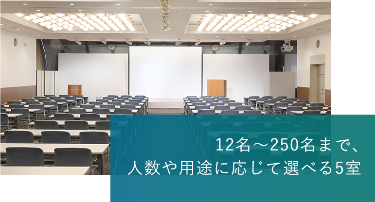 12名～250名まで、人数や用途に応じて選べる5室